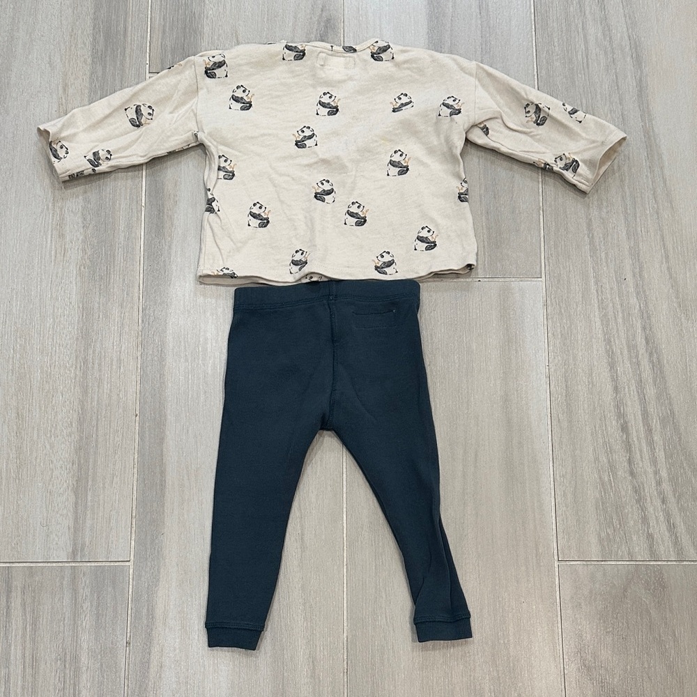 Zara 12-18M Cream Panda Print Top and Teal Ribbed Leggings Pants - Picture 8 of 11